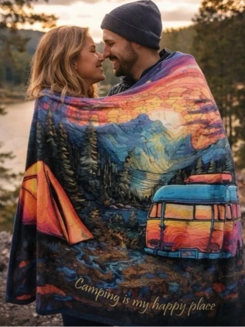 Camping Is My Happy Place – Flannel Fleece Throw Blanket (50
